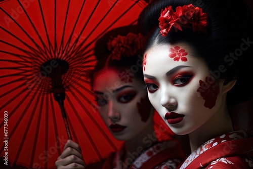 Traditional Japanese Geisha Women in Kimonos with Red Umbrellas