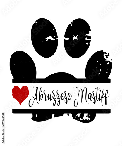 Abruzzese Mastiff dog paw print graphic illustration with a black grunge paw and red heart on white background. (ID: 677346069)