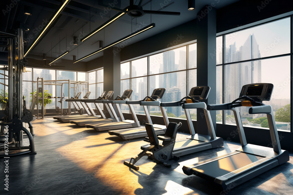 A gym equipped with popular fitness equipment. A modern and contemporary interior that enhances customer satisfaction with openness and comfort. Concept for sport and training, health and beauty.