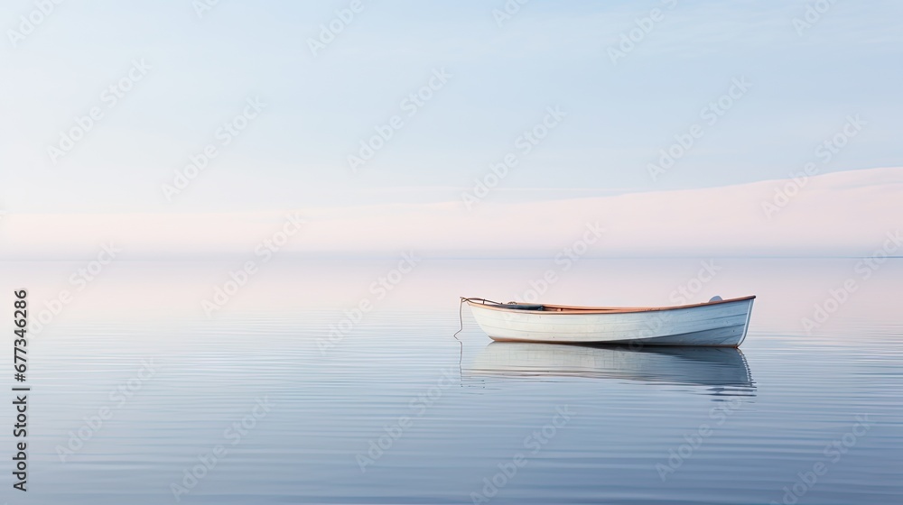  a small white boat floating on top of a large body of water with a blue sky in the back ground. - obrazy, fototapety, plakaty 