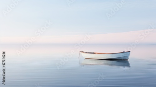 Fototapeta  a small white boat floating on top of a large body of water with a blue sky in the back ground.