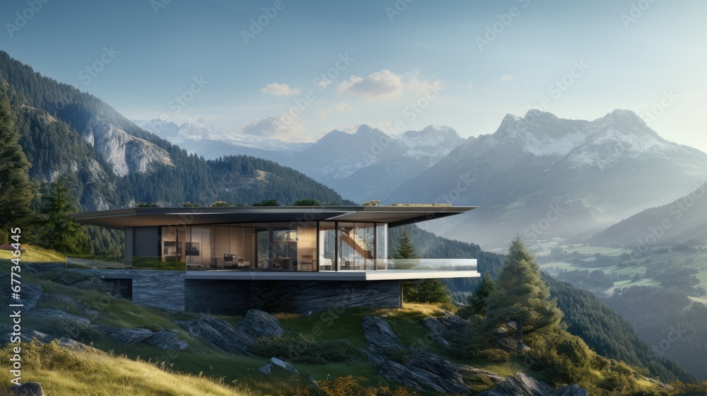  a house in the middle of a mountain with a view of a valley and mountains in the backround.