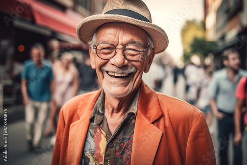 Elderly man with a cheerful smile. Grandfather in glasses and fashionable clothes on vacation. Cheerful retired grandfather in bright clothes. Elderly man with a face smile. Happy pensioner with smile