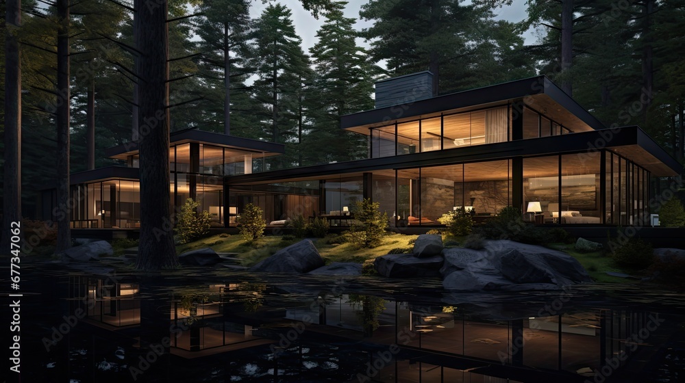  a house in the middle of a forest with a lake in front of it and a lot of trees around it.