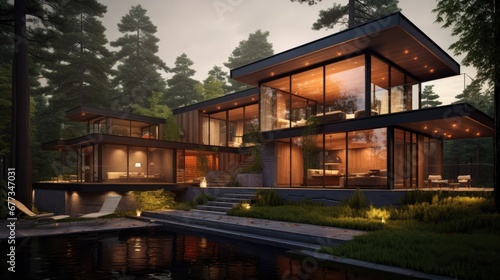 a rendering of a house in the middle of a forest with a lake in the foreground and a dock in the foreground. © Olga