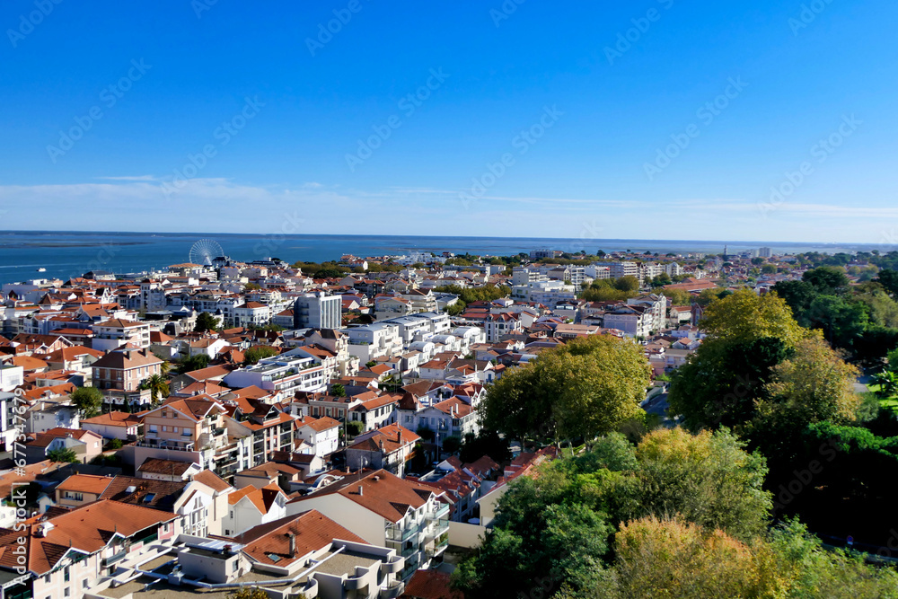 Panoramic view of Arcachon looking across the Arcachon Bay towards the shoreline of Cap Ferret, France from the viewing platform of Observatoire Saint-Cecile
