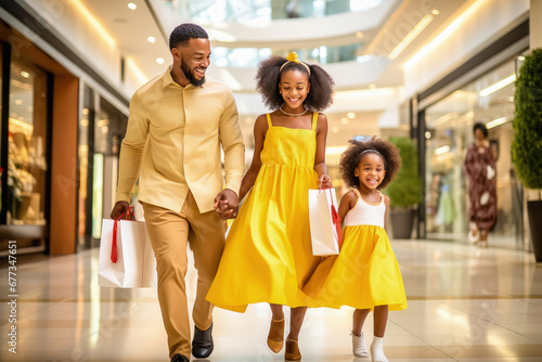 Happy African American family shopping at the supermarket. Dressed in summer yellow clothes.