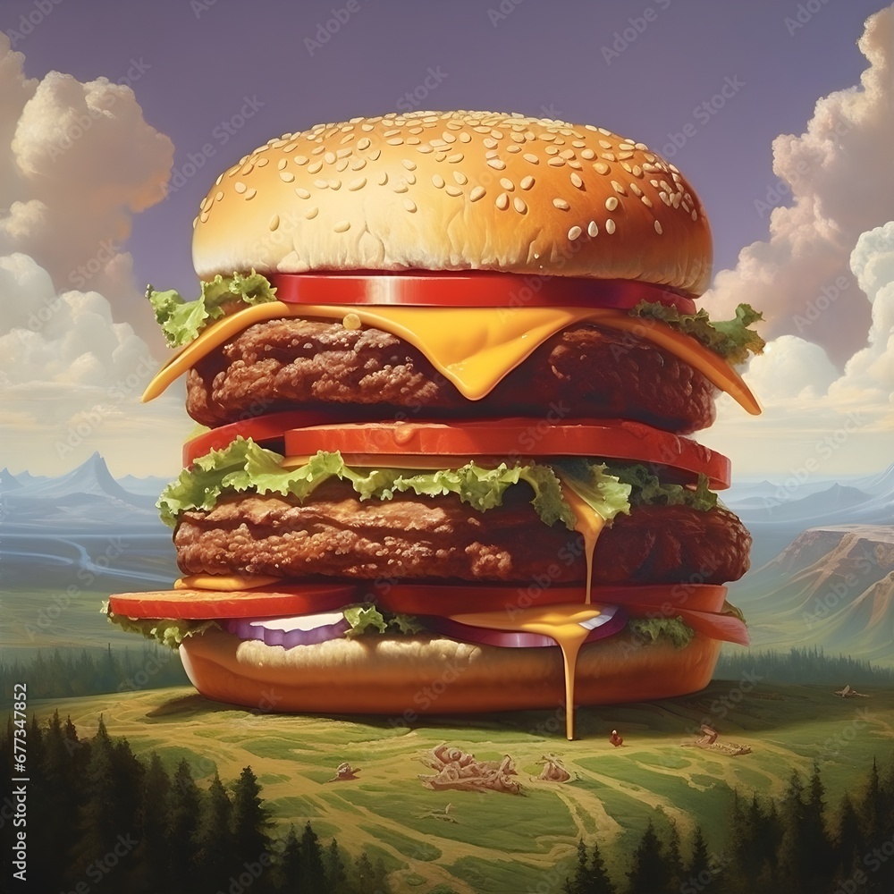 Wielki burger w magicznej krainie - obrazy, fototapety, plakaty 