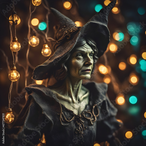 A witch wearing a hat in a lighting place