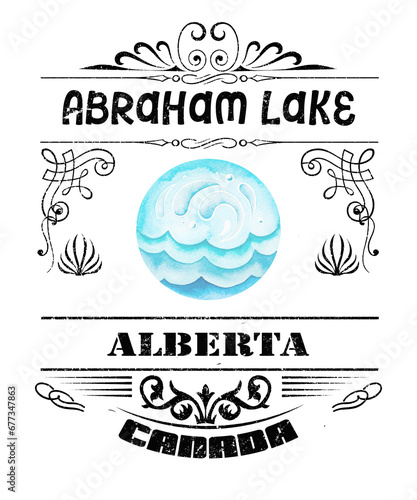Abraham Lake Alberta Canada graphic illustration in a vintage retro style with black text on a white background.  Located in Banff National park, popular travel location. (ID: 677347863)