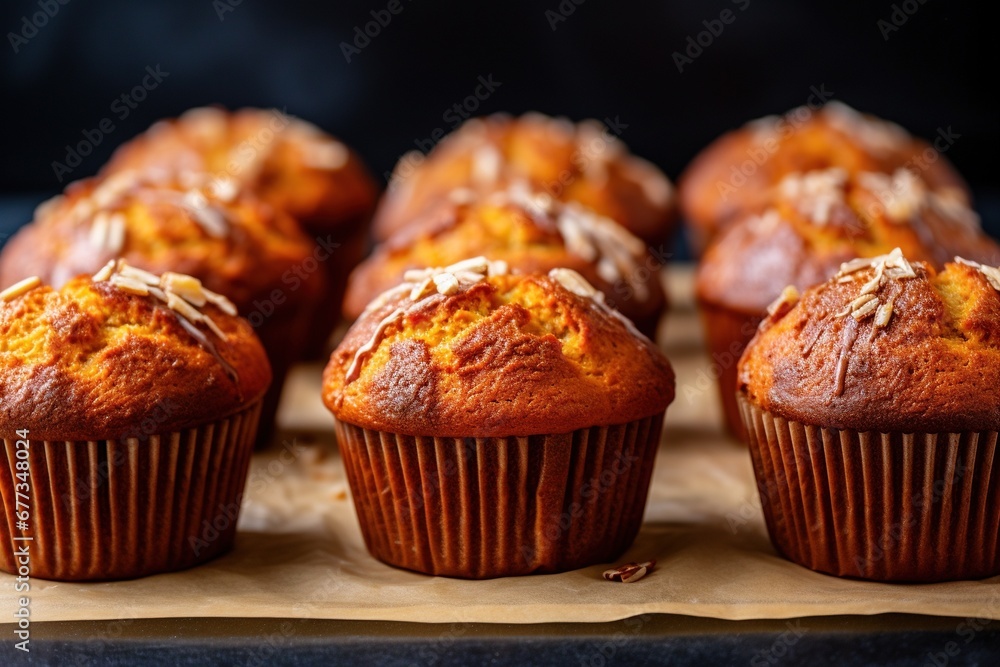 Carrot muffins arranged in a neat row on baking sheet