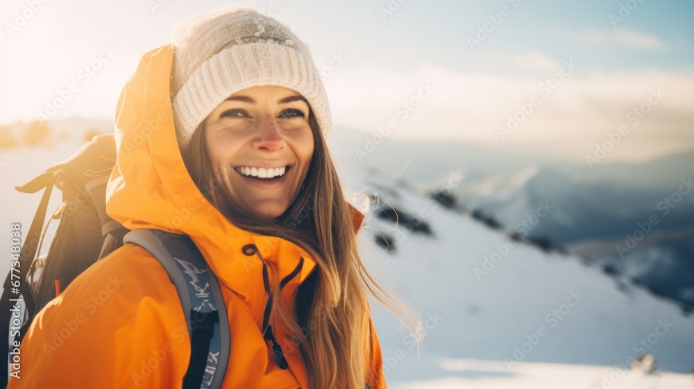 Portrait of beautiful woman with ski suit in winter mountain