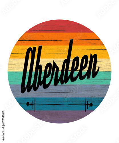 Aberdeen graphic illustration in a colorful vintage vibe on white background. Aberdeen is a city or town in many states and nations in the world, for this travel graphic. (ID: 677348018)