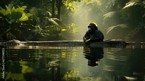  a monkey sitting on a rock in the middle of a body of water in the middle of a lush green forest.