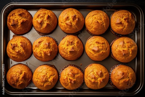 Carrot muffins arranged in a neat row on baking sheet