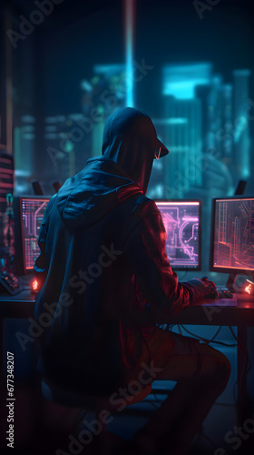 Hooded computer hacker stealing data from a dark room. Cybercrime concept.