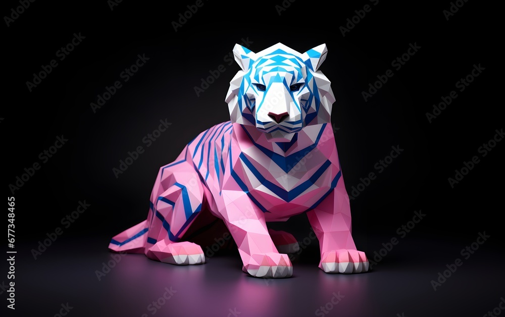 Fototapeta premium Paper cut forest tiger looking on jungle, tiger on a modern color background, papercut craft 3d illustration, geometric figure, origami, Asian culture