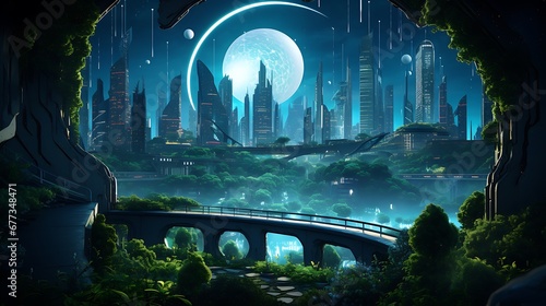 Futuristic cityscape blending with organic forms, illustrating the intersection of technology and nature, with neon lights and lush greenery