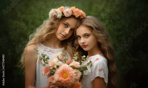 two young women with pin flowers. 