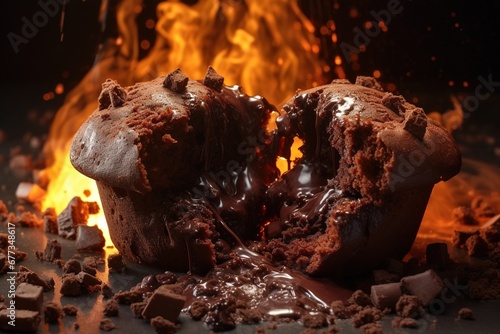 Chocolate muffin split open with molten core