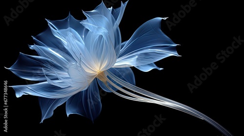  a blue flower on a black background with a white stamen in the middle of the petals and a yellow stamen in the middle of the petals.