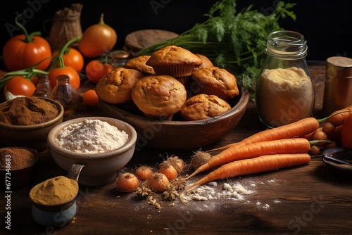 Carrot muffins with ingredients spread around on table