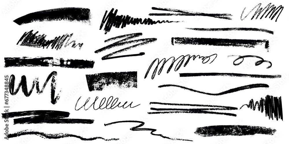 Hand drawn charcoal pencil lines, smears and squiggles set. Scribble black strokes, curly scribbles. Grungy graphite pen art brushes, textured doodle freehand chalk drawing line stripes and waves. - obrazy, fototapety, plakaty 