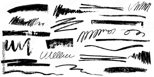 Hand drawn charcoal pencil lines, smears and squiggles set. Scribble black strokes, curly scribbles. Grungy graphite pen art brushes, textured doodle freehand chalk drawing line stripes and waves. photo