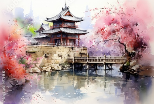 Tranquil East Asian Landscape with Three-Story Pavilion and Cherry Blossoms