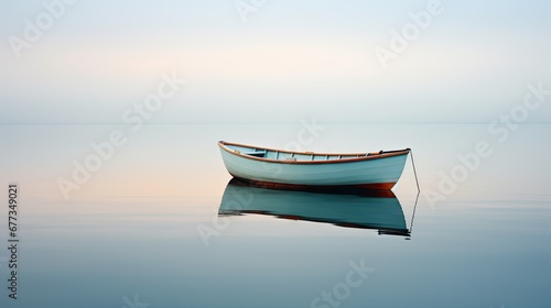  a small boat floating on top of a body of water with a sky in the background of it. photo