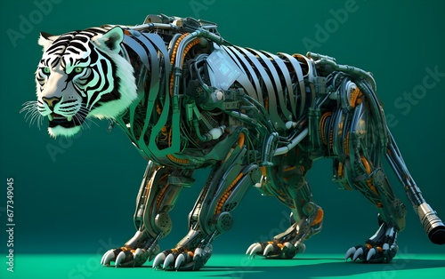 Image of a tiger modified into a electronics robot on a modern background. Wildlife futuristic tiger knight, mechanical robot warrior, electronic animal, cyborg, nature © Vladislava