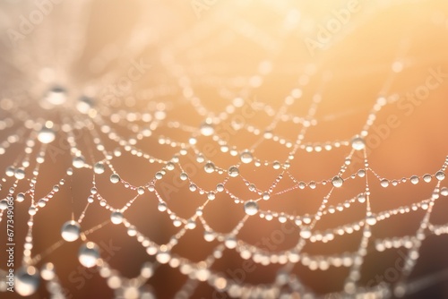 Close-up of a delicate spider web with dew, illuminated by morning light