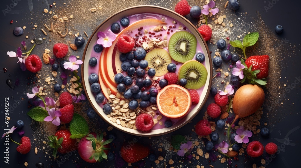  a bowl of yogurt, fruit, and granola on a table with flowers, leaves, and berries.