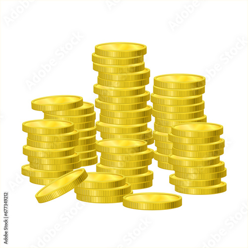 Set of realistic golden coins pile. Gold coins, cash money. Cash currency sign business concept. Gold dollar coin symbol. Bank and finance. Money stack vector illustration on white. Different stacks
