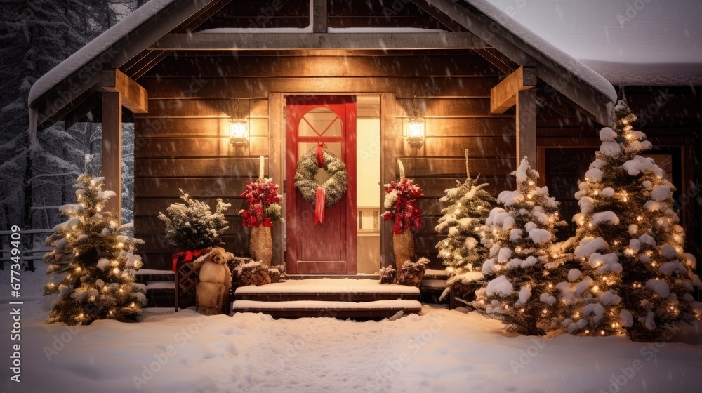  a house decorated for christmas with a red door and wreath on the front of the house and snow on the ground.