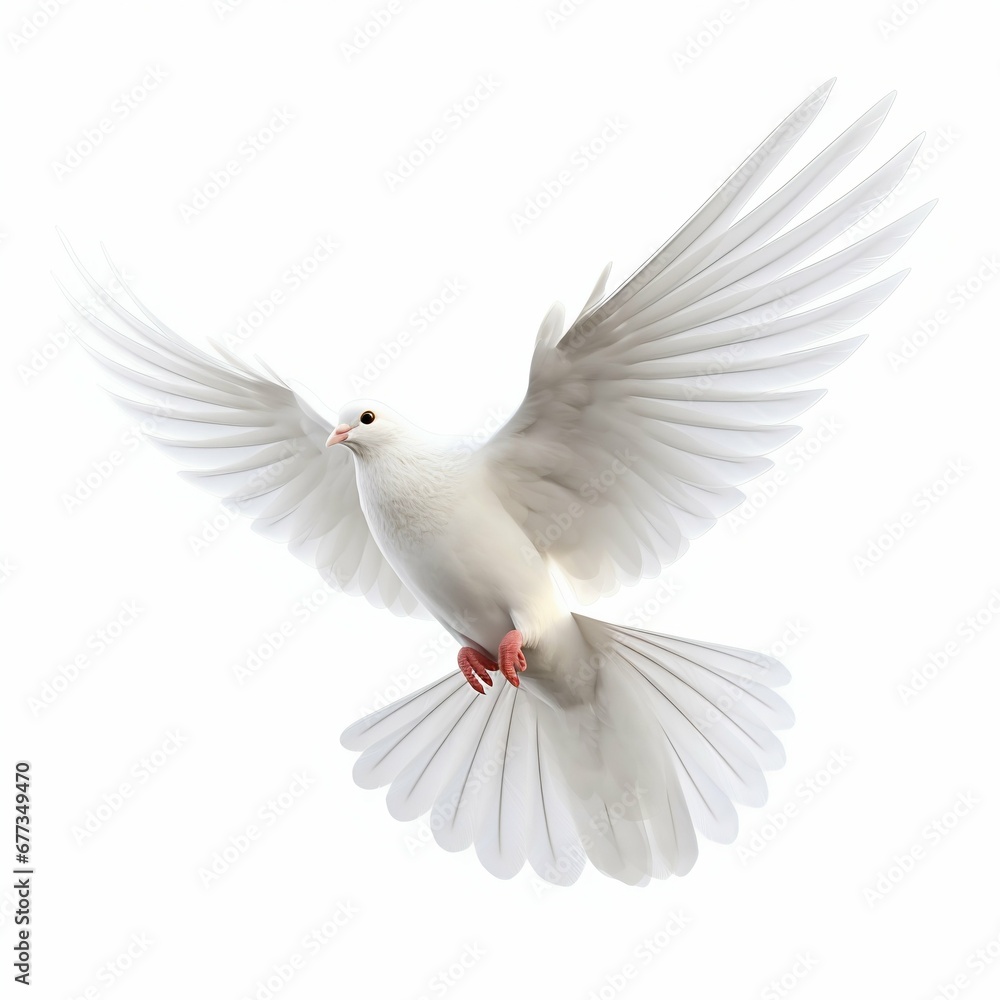 Fototapeta premium Flying White Dove Isolated on White Background. Generative ai