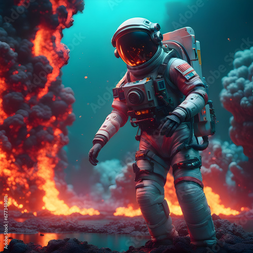 An astronaut in spacesuit flying past lava in an alien planet