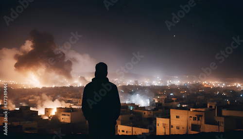 Man standing on top of a hill and looking at the city at night