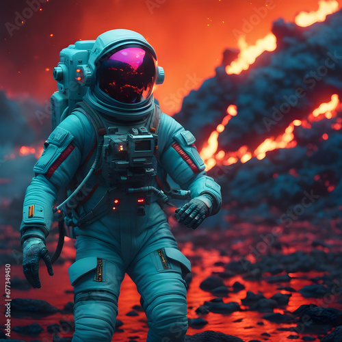 An astronaut in spacesuit flying past lava in an alien planet