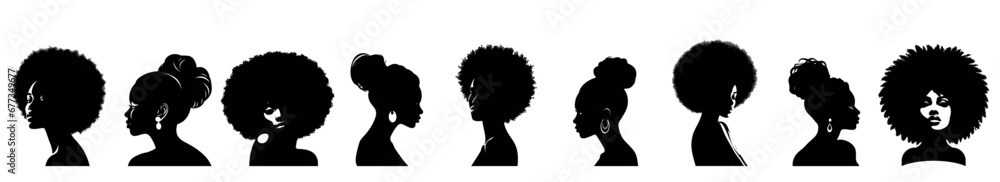 © Oleksandr1 - The silhouette of a black woman from Afro, a minimalist drawing, a vector set on a transparent background for a stencil
