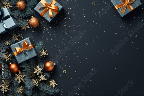 Christmas background with gift box and christmas tree, new year banner background