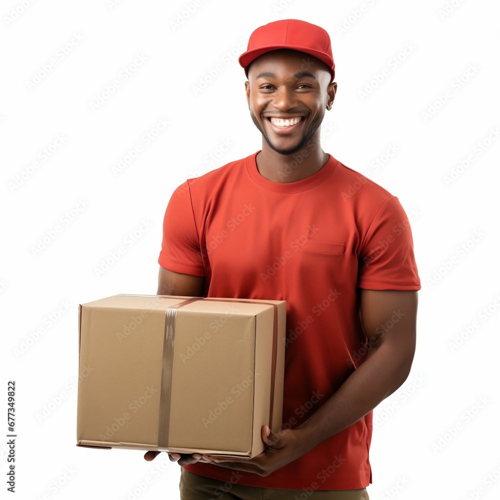 Smiling Afro-American Delivery Man Isolated on White Background. Generative ai Smiling Afro-American Delivery Man Isolated on White Background. Generative ai