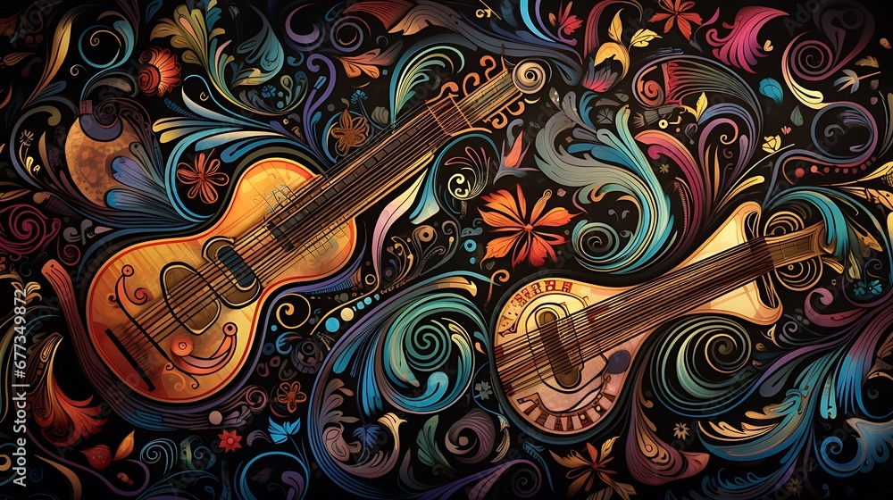 A representation of harmony, where different musical notes and instruments are artistically blended into a seamless, soothing pattern, with a symphony of colors 