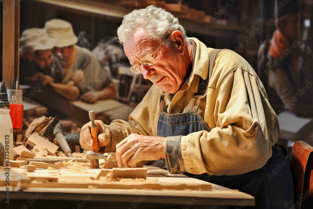 An elderly man in a workshop is engaged in wood carving. An elderly man in a workshop is engaged in wood carving.