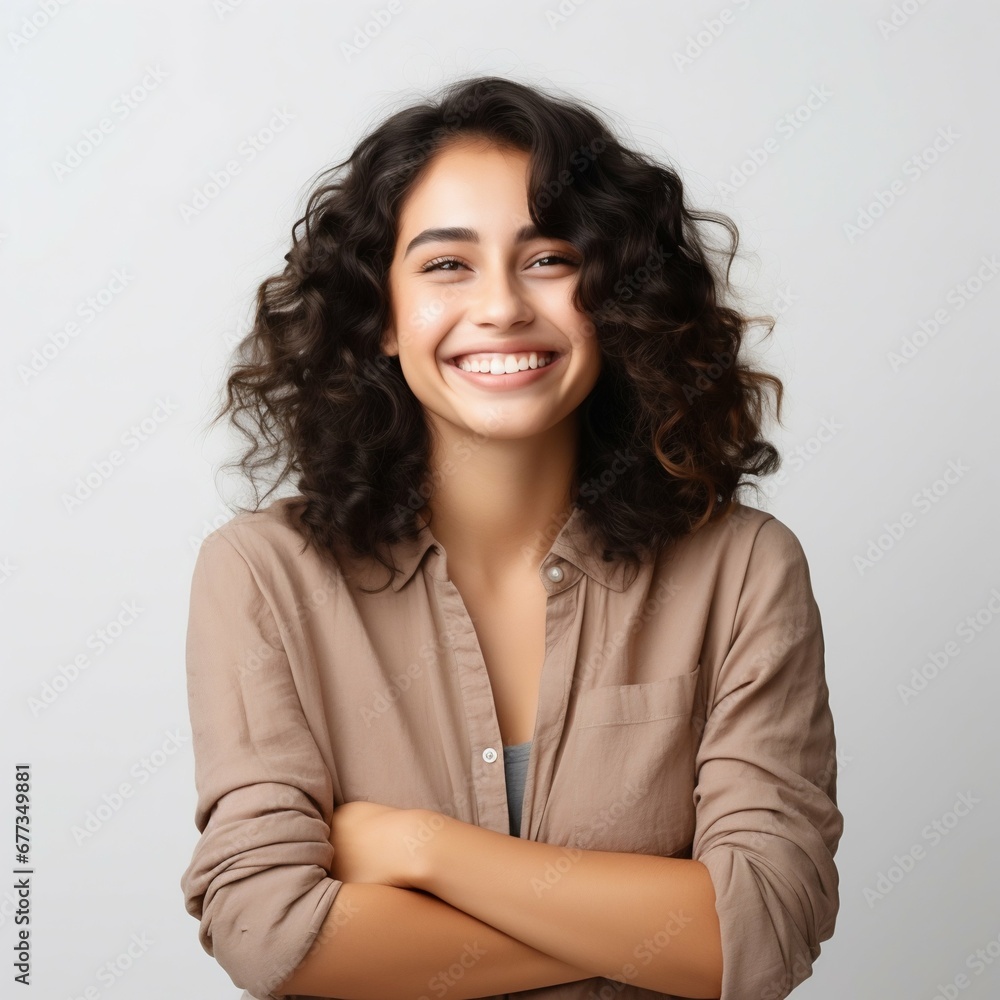 Portrait of Young Woman Smiling with Crossed Arms, Isolated on White. Generative ai Portrait of Young Woman Smiling with Crossed Arms, Isolated on White. Generative ai