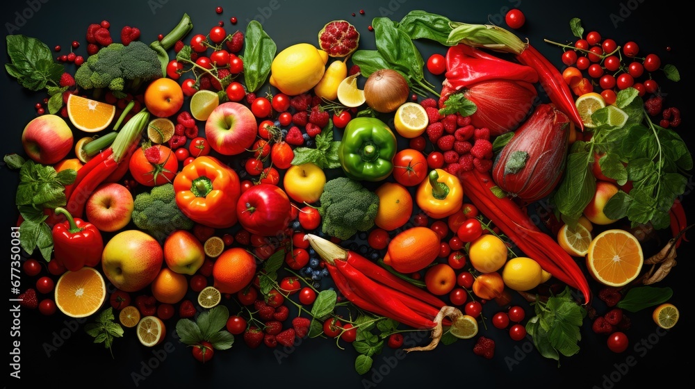  a bunch of fruits and vegetables are arranged in the shape of the letter m on a black background with red berries, oranges, green leaves, and lemons.