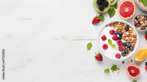  a bowl of yogurt, granola, berries, and kiwis on a white wooden table.