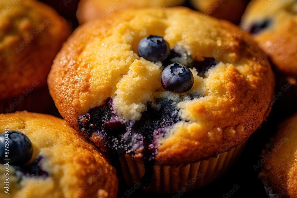 Close-up of blueberry muffin texture with golden crust Close-up of blueberry muffin texture with golden crust