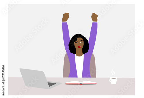 Beautiful woman celebrating success with her arms raised and clenched fists in front of a laptop. Business woman celebrating her success online. Beautiful Businesswoman Celebrating Success on Laptop.