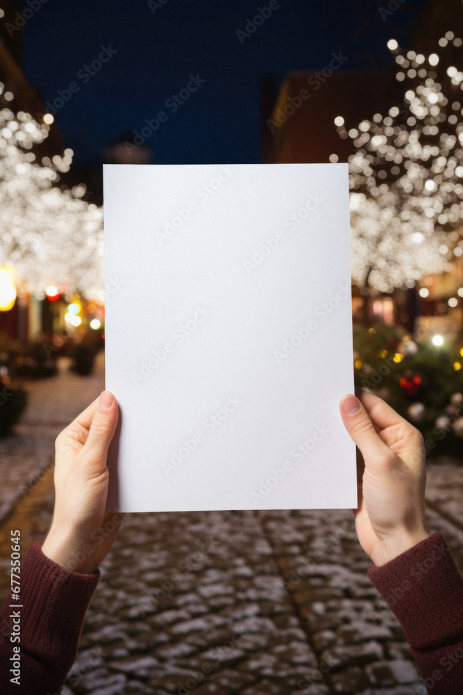 Hands holding blank paper sheet on christmas market background. Mockup. Hands holding blank paper sheet on christmas market background. Mockup.